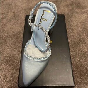 Lulu’s Heels- Chakay Sky Blue Satin Rhinestone Pointed-Toe Ankle-Strap Heel